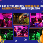 Guests enjoying Haunted Studio fundraiser event celebrating creativity and community