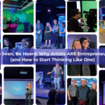 Emerging artist confidently presenting their work at a digital arts festival